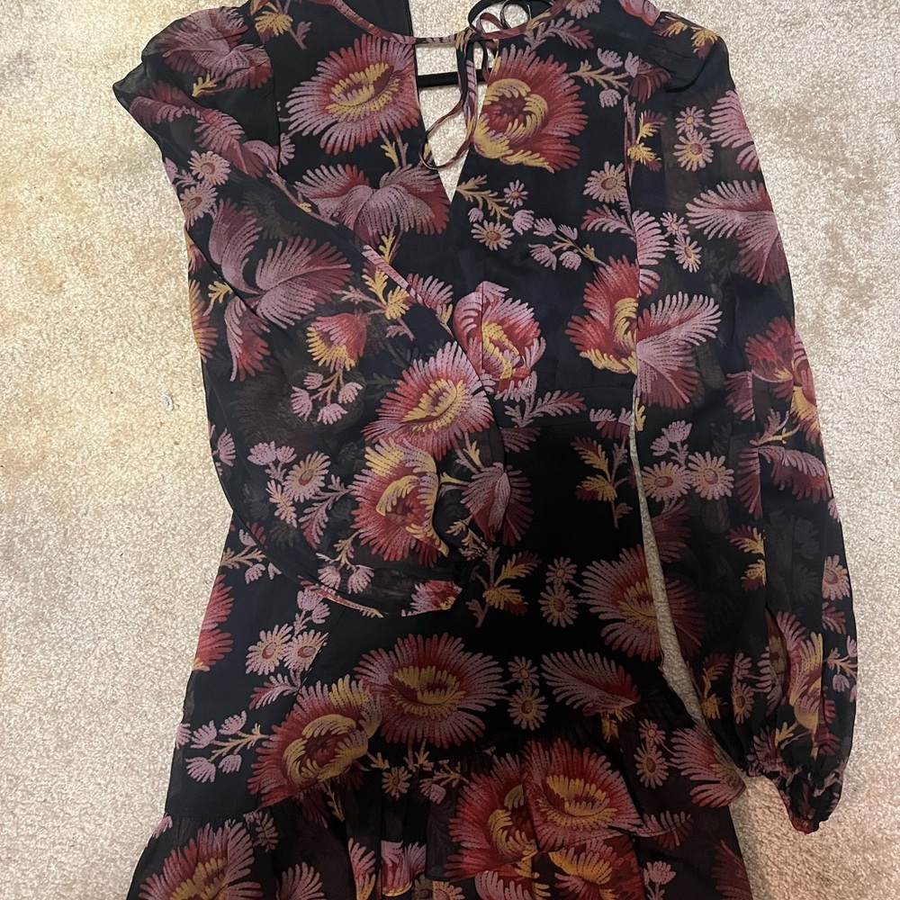 Ted Baker Black Midi Dress with Ruffled Tiered Skirt and Long Bishop Sleeves